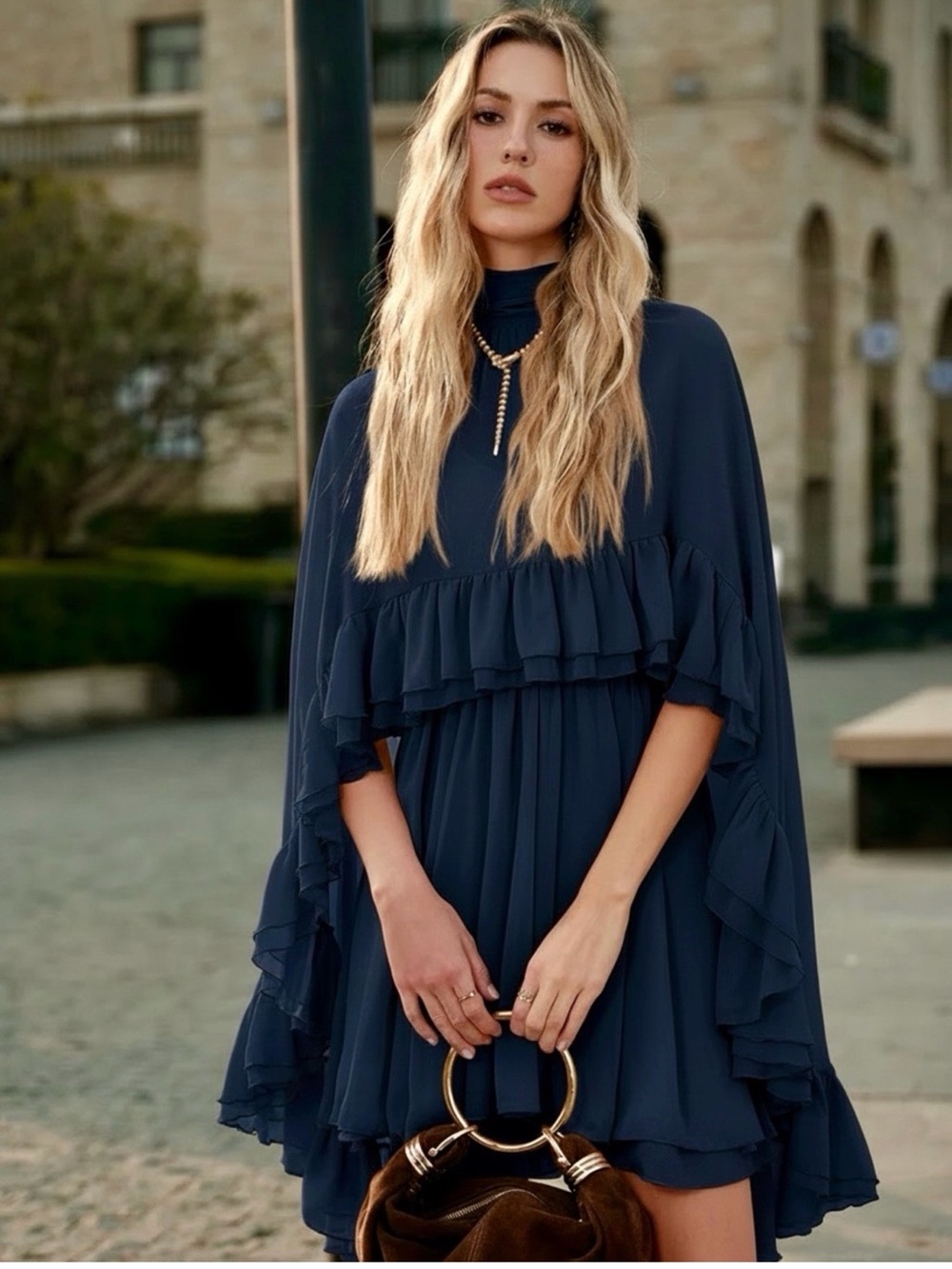 Commense Semi-Sheer Chiffon Ruffle Dress With Outer Cape - Picture 3 of 16